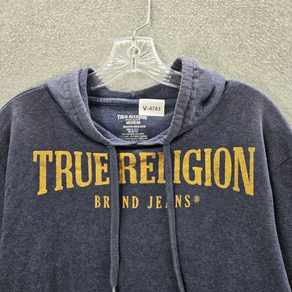 True Religion Men Sweatshirt Medium Blue Hoodie Logo Graphic Print Pullover